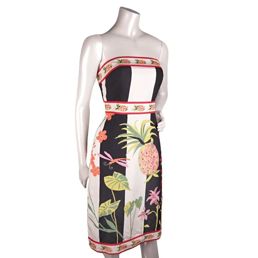 J.Crew Strapless A-Line Dress Cotton Tropical Pineapple Floral Y2K White Black - Picture 5 of 8
